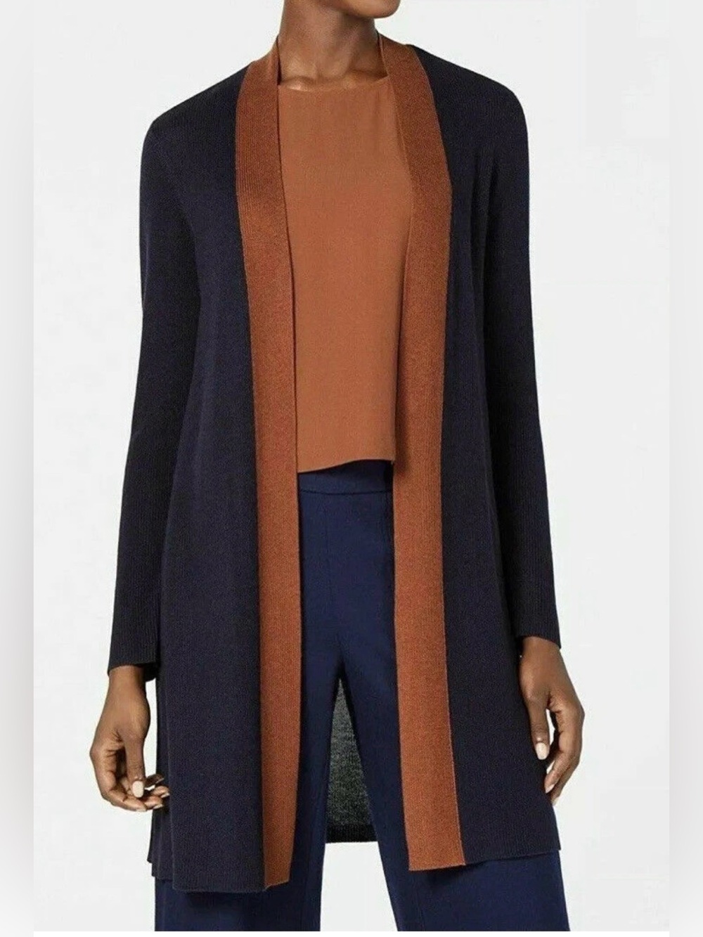 Eileen Fisher Navy and Copper Open-Front Long Cardigan